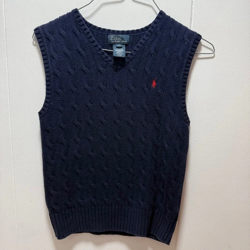 Polo Ralph‎ Lauren Kids Navy Blue Cable Knit V Neck Sweater Vest Size 7